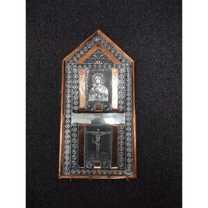 Wall Letter Holder Copper Silver Religious Icon Virgin Mary Jesus Crucifix 17"